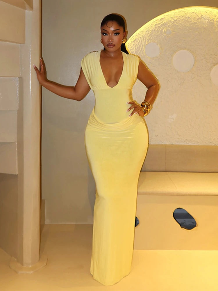 Sexy Ruched Bodycon Maxi Dress Women Solid Sleeveless V-Neck Slim Long Dresses Female Party Evening Clubwaer Evening 2026